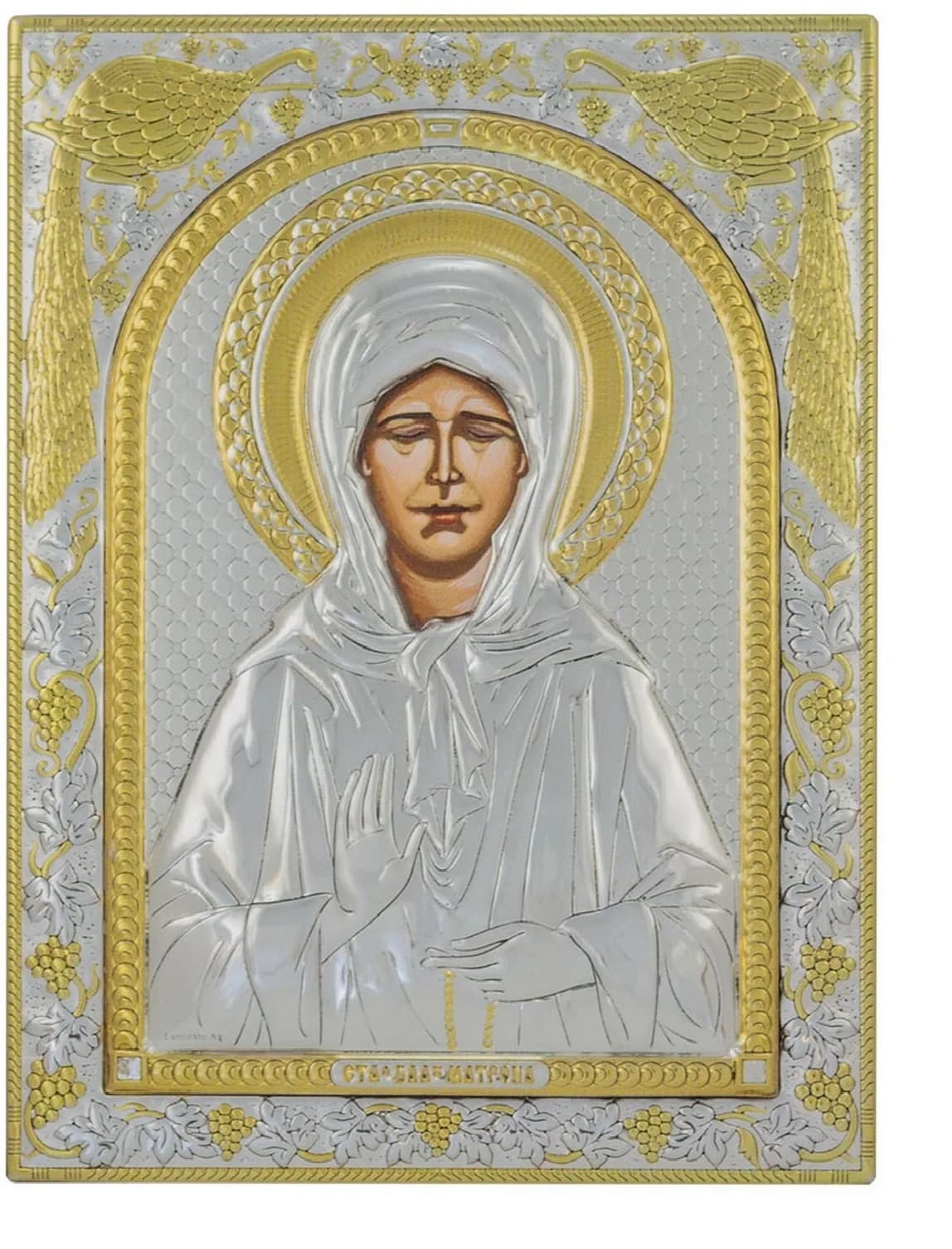 Икона «Матрона» античная, риза металл, рамка мдф, напыление серебро и золото, 15×18 см