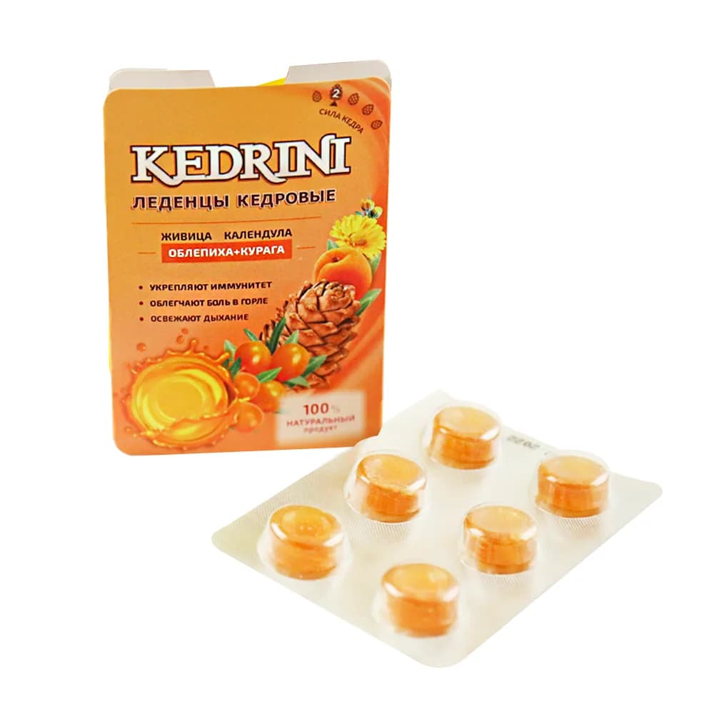 Леденцы кедровые «Kedrini» на изомальте, облепиха, курага, 6 шт, 30 гр