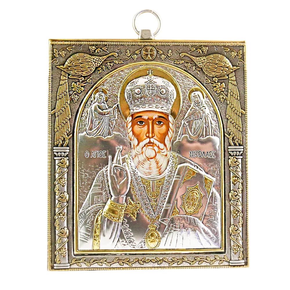 Икона «Николай Чудотворец» античная, риза металл, рамка мдф, напыление серебро и золото, 10×12 см