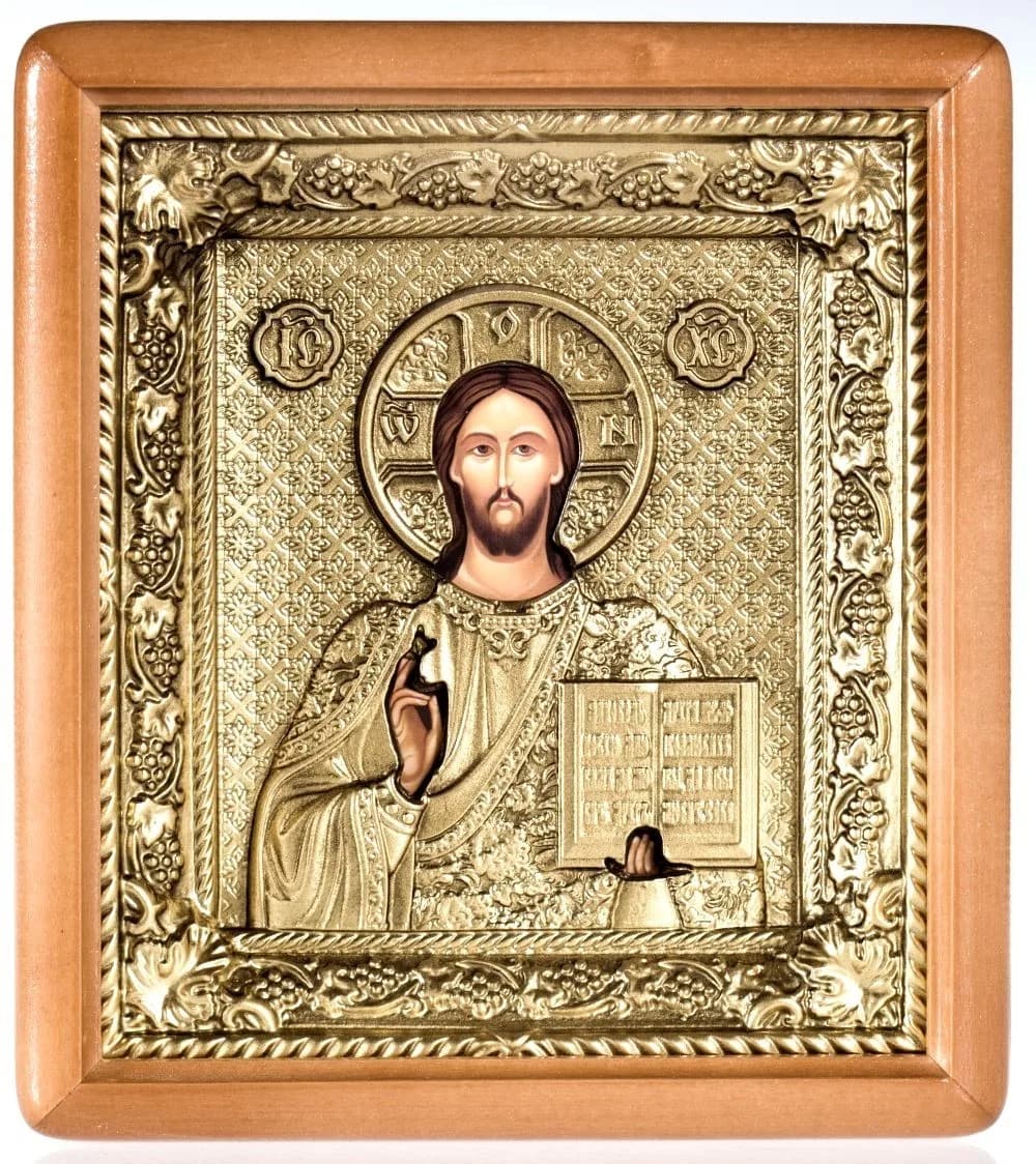 Икона «Спаситель», риза лоза, светлая деревянная рамка, полиграфия, 18×20 см