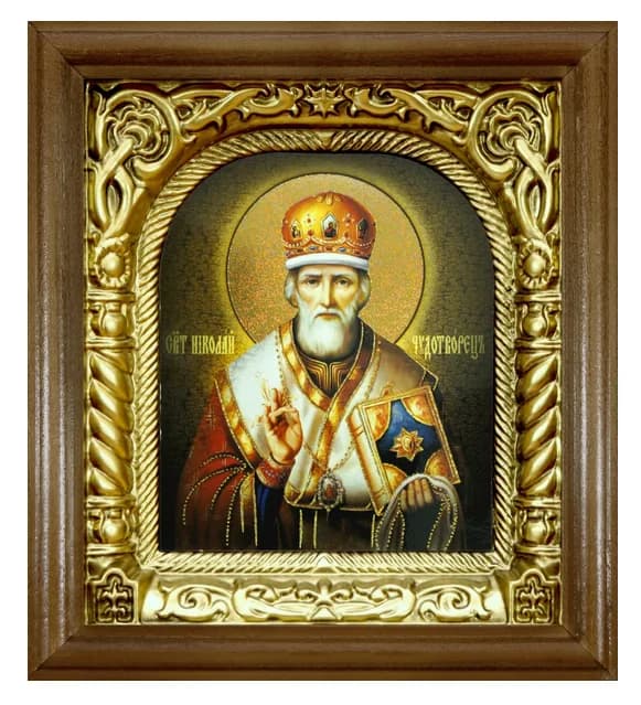 Икона «Николай Чудотворец» темная деревянная рамка, фигурный арочный киот, полиграфия, 17,5×19,5 см