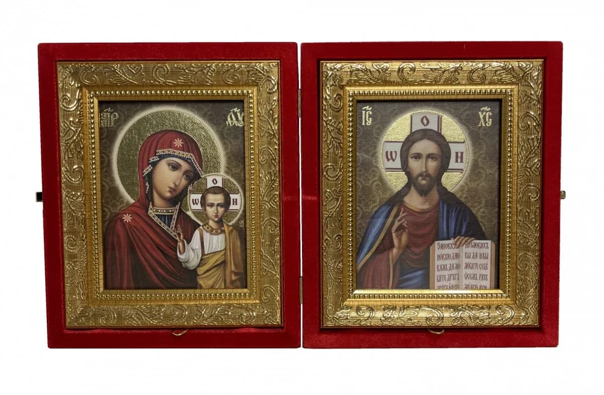 Складень «Спаситель - Казанская», бархат, багет, полиграфия, 17×21 см