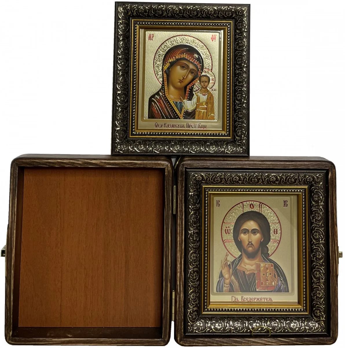 Складень «Спаситель - Казанская», дерево, стразы, багет, полиграфия, 18×20 см