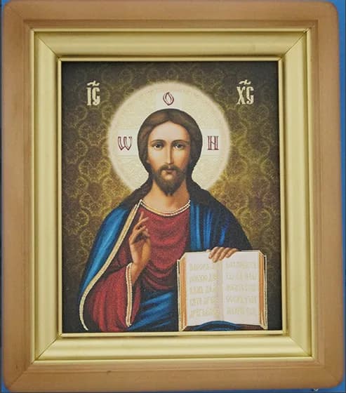 Икона «Спаситель» киот, светлая деревянная рамка, холст, 19,5×22,5 см