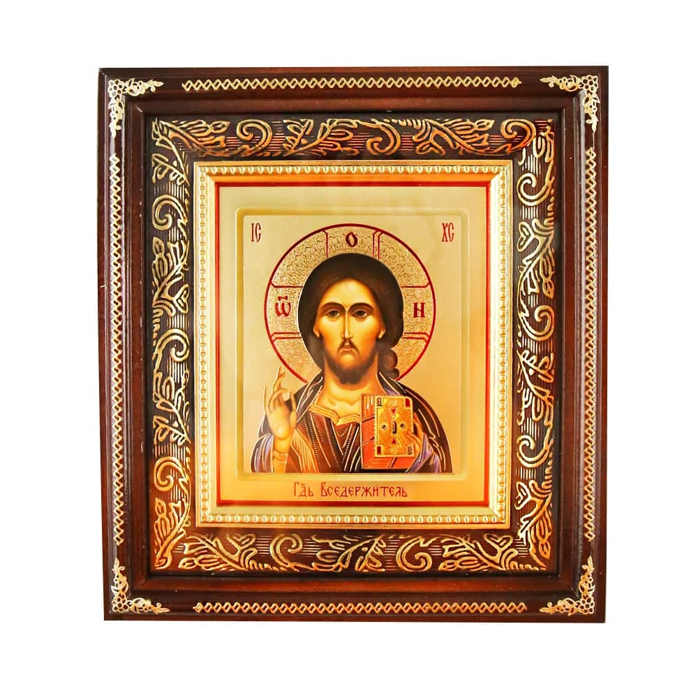 Икона «Спаситель» темная деревянная рамка, фигурный киот, полиграфия, 19,5×21,5 см
