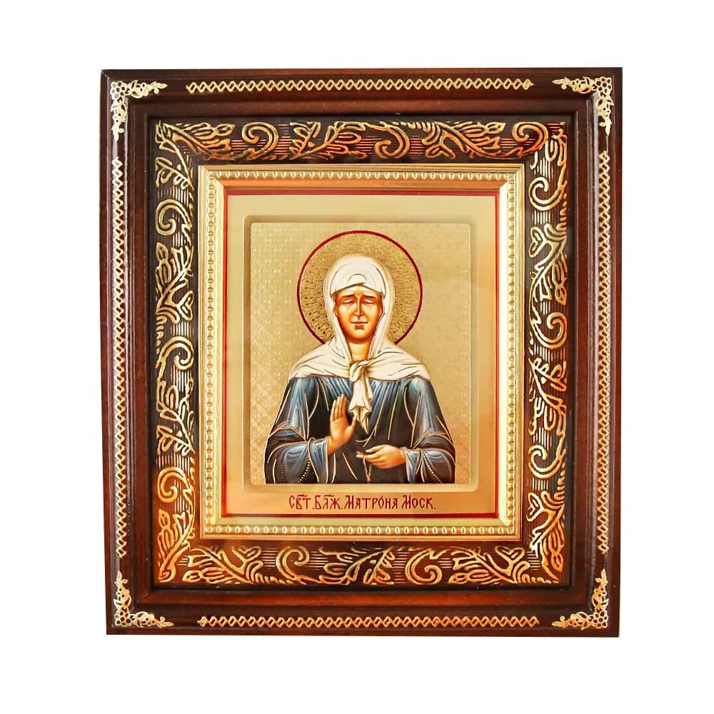 Икона «Матрона», темная деревянная рамка, фигурный киот, полиграфия, 19,5×21,5 см