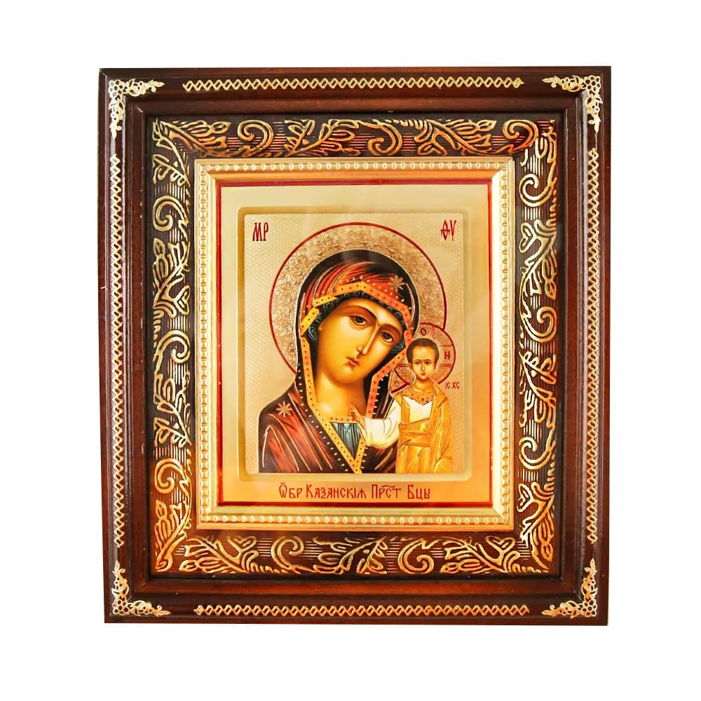 Икона «Казанская» темная деревянная рамка, фигурный киот, полиграфия, 19,5×21,5 см