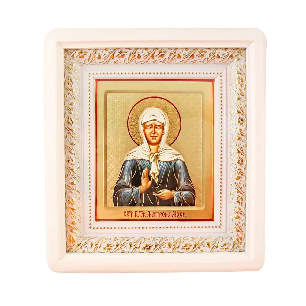 Икона «Матрона» белая деревянная рамка, киот, полиграфия, 19,5×21,5 см