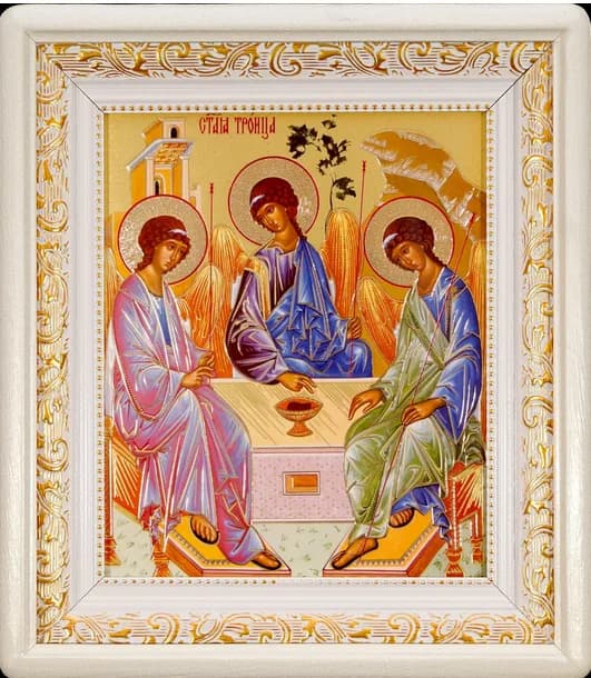 Икона «Троица» киот, белая деревянная рамка, полиграфия, 24×27,5 см