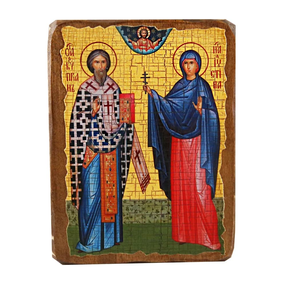 Икона «Киприан и Иустина», дерево под старину, печать краска, 12,5×16,5 см