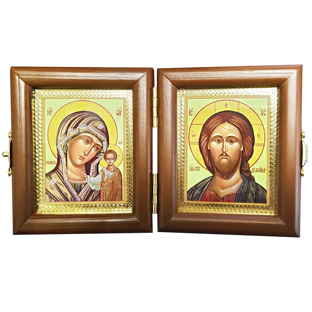 Складень «Спаситель - Казанская», красный бархат, 8×9,5 см