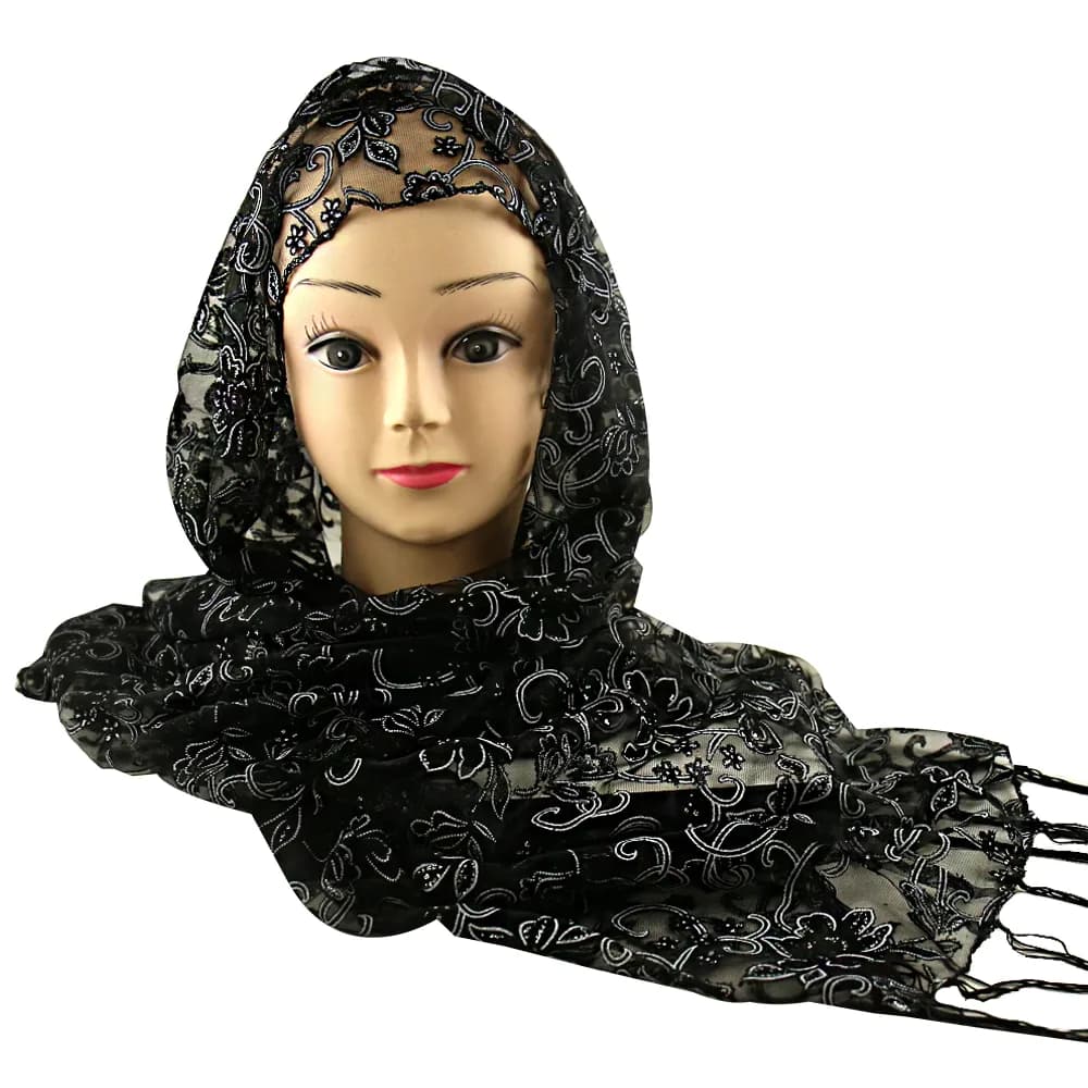 Шарф кружевной, черный, полиэстер, 40×160 см