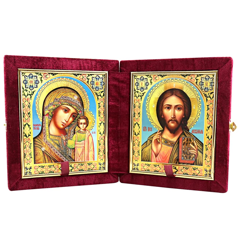 Складень «Спаситель - Казанская», красный бархат, полиграфия, 18×21 см
