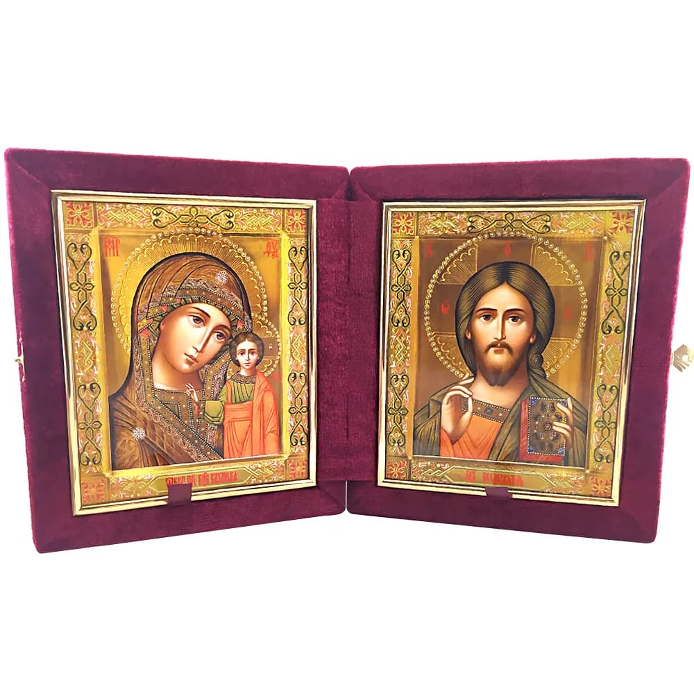 Складень «Спаситель - Казанская», красный бархат, полиграфия, 18×21 см