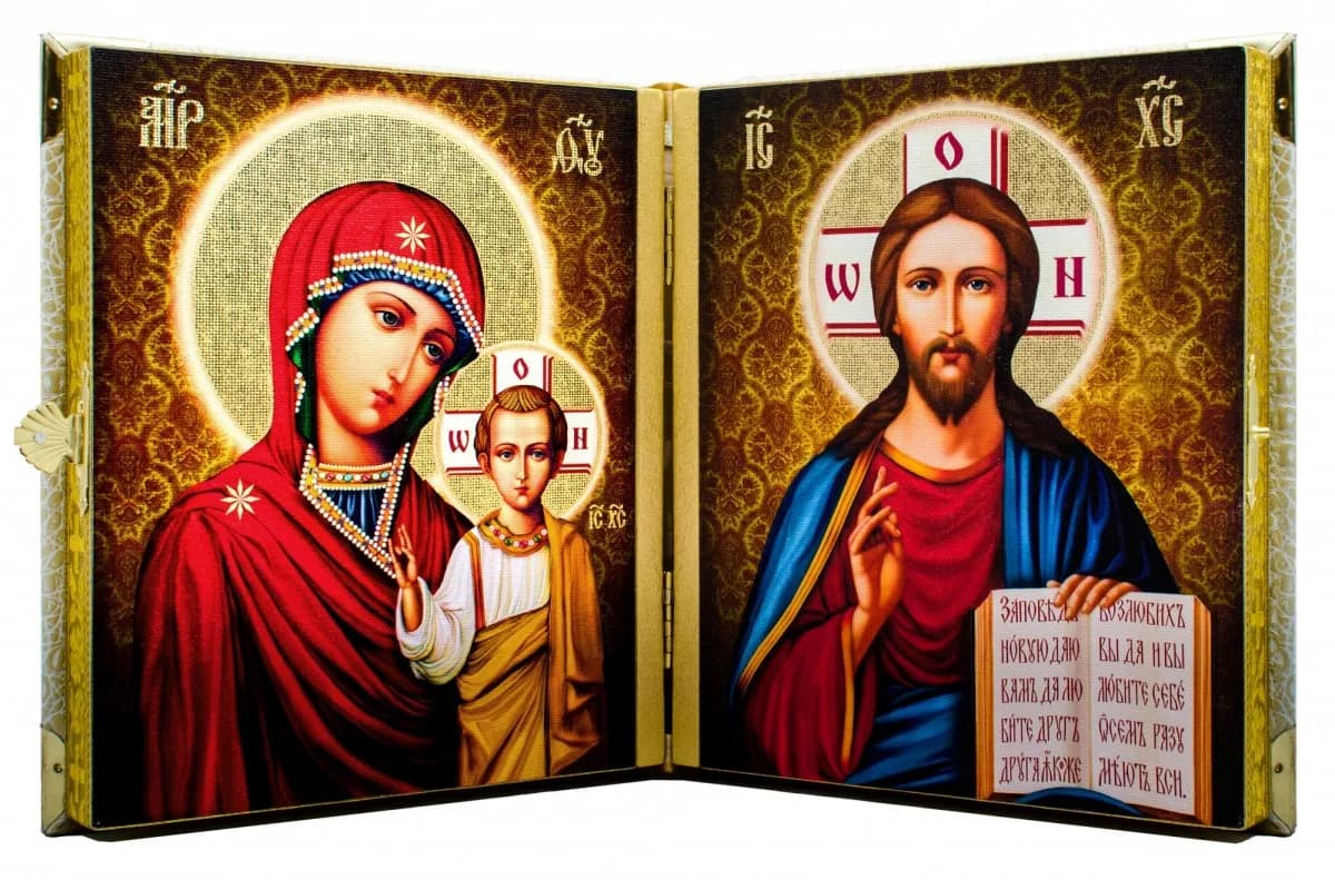 Складень «Спаситель-Казанская» мдф, холст, платиковое распятие, 18×22 см