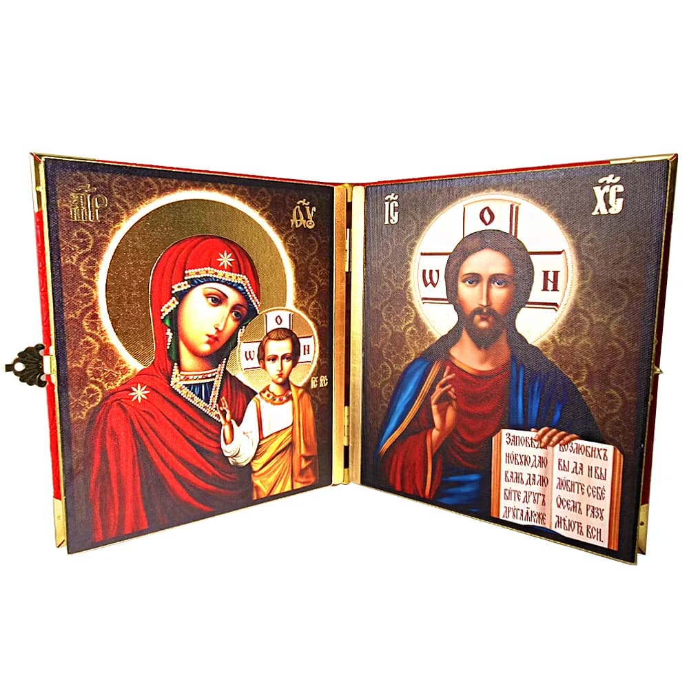 Складень «Спаситель-Казанская», мдф, холст, платиковое распятие, 18×22 см