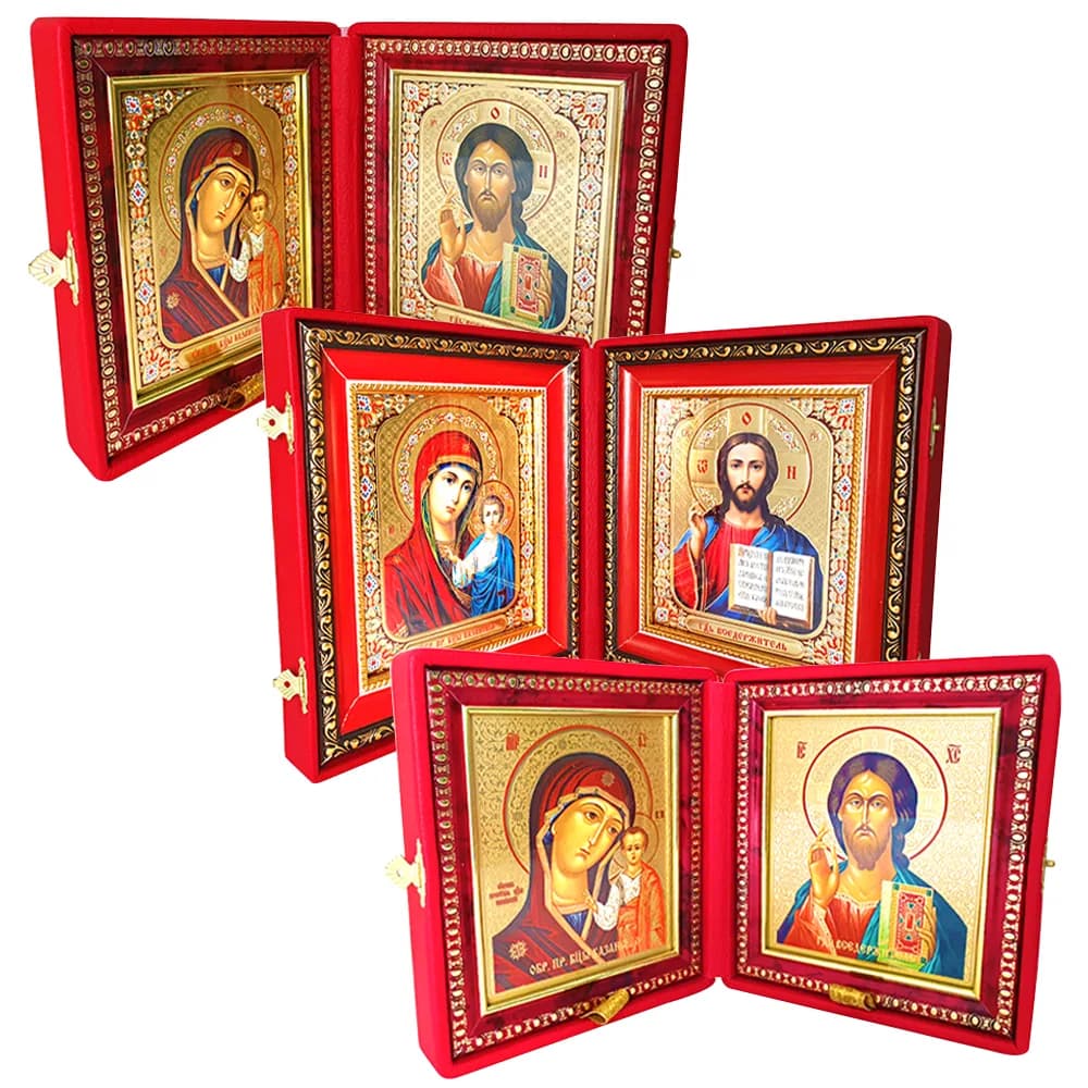 Складень «Спаситель - Казанская», риза, стекло, красная экокожа, полиграфия, 13,5×15,5 см