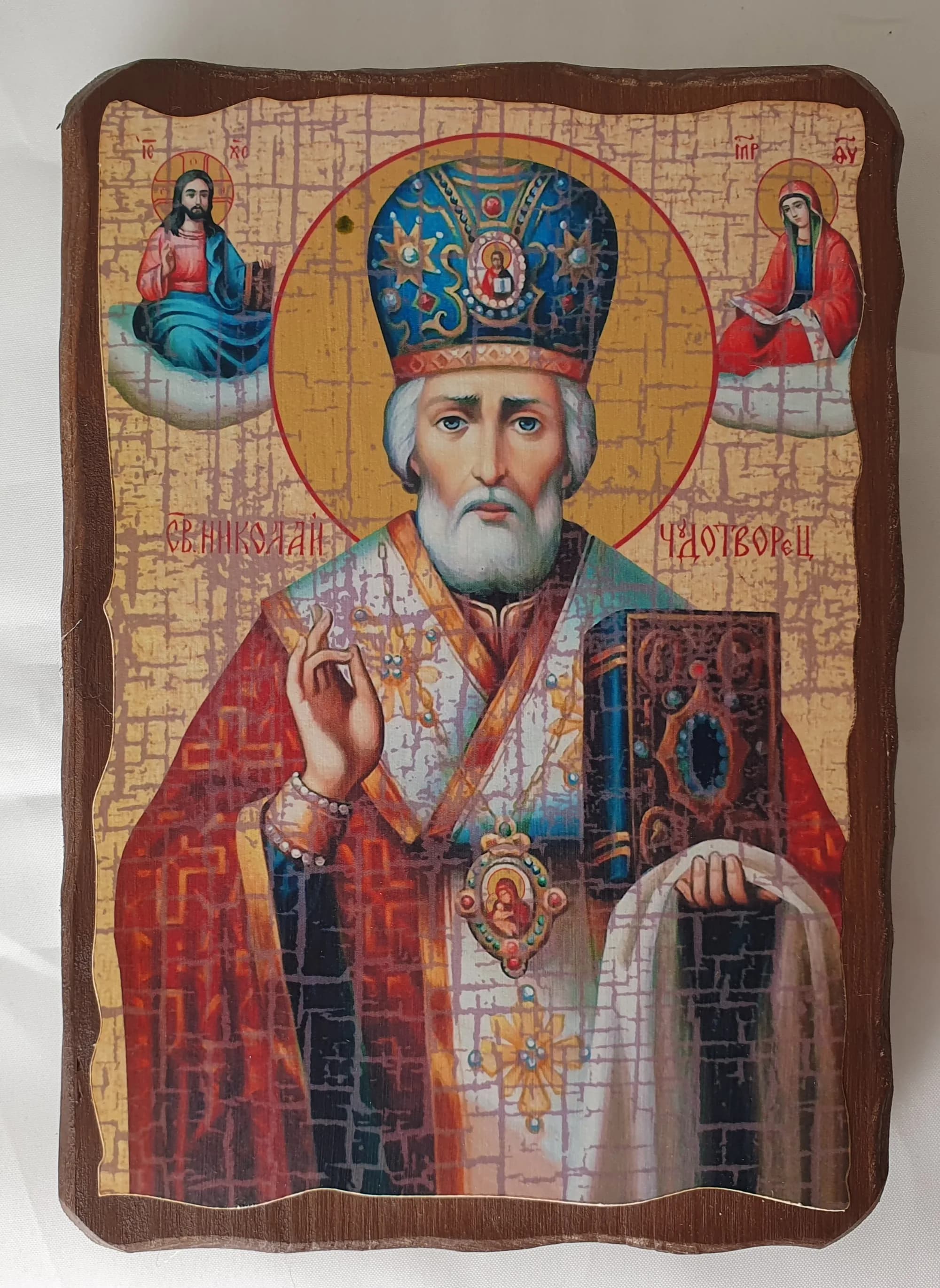 Икона «Николай Чудотворец», дерево под старину, печать краска, 12,5×16,5 см