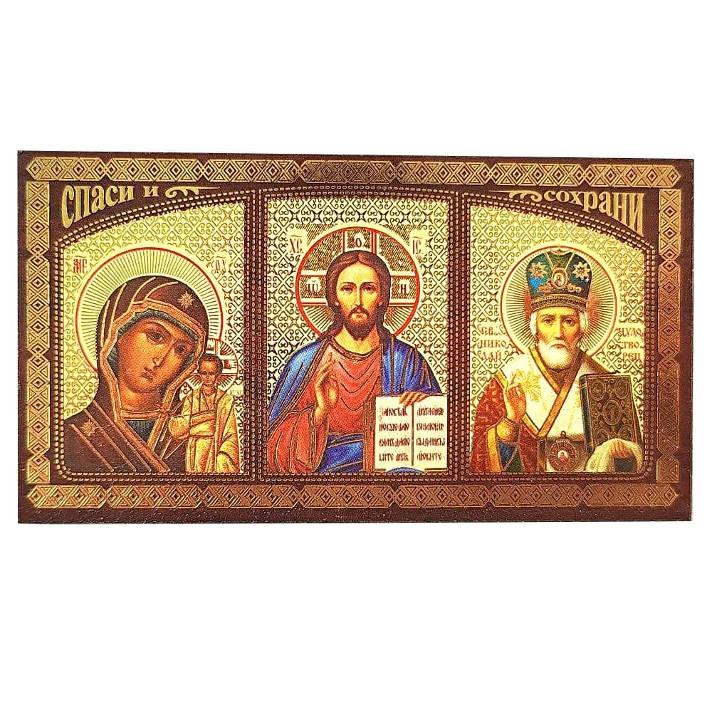 Автомобильный тройник в ассортименте, дерево «Спаситель, Казанская, Николай Чудотворец», 9,5×5 см