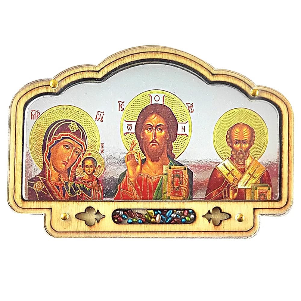 Автомобильный тройник в ассортименте, дерево «Спаситель, Казанская, Николай Чудотворец», 9,5×6 см