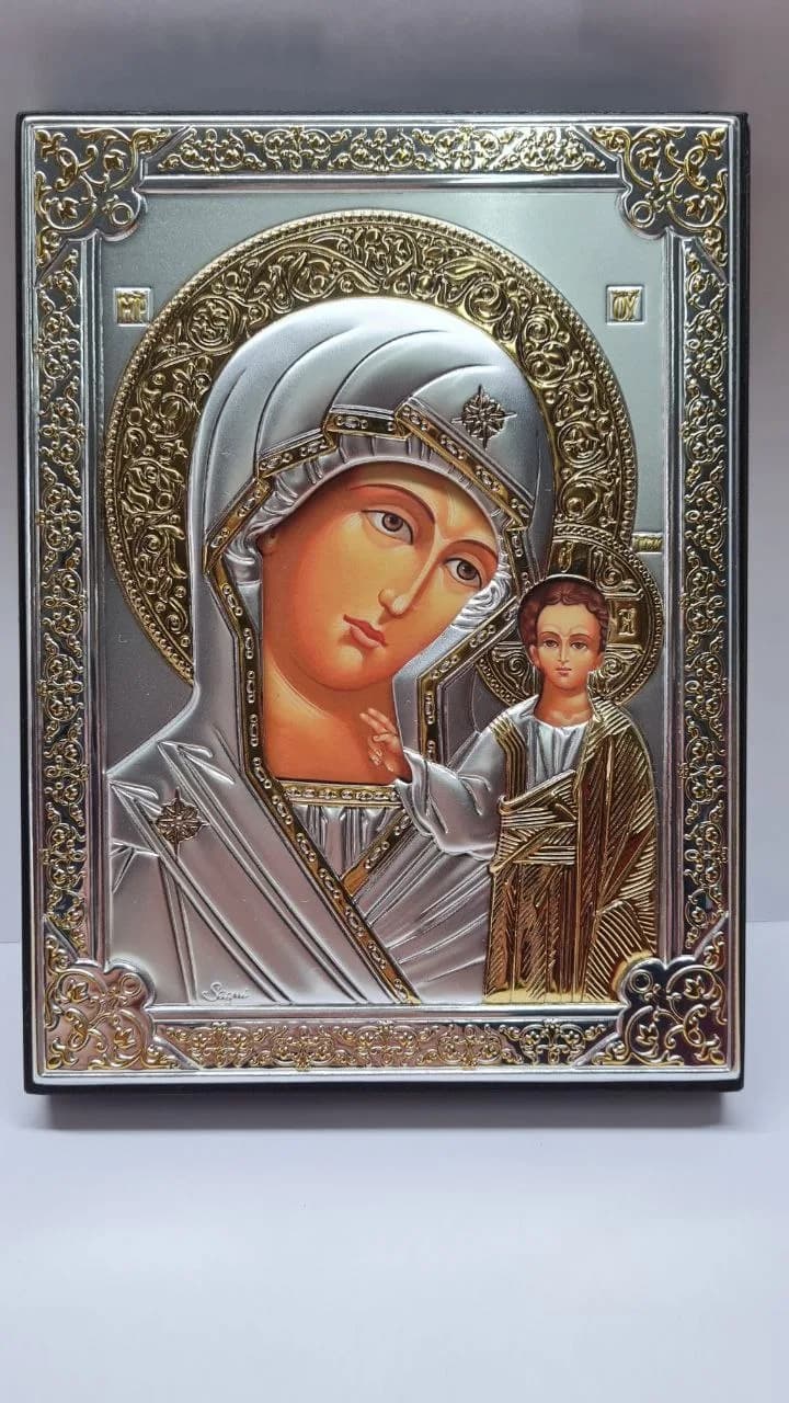 Икона «Казанская», риза металл, рамка мдф, напыление серебро и золото, 13,3×18,2 см