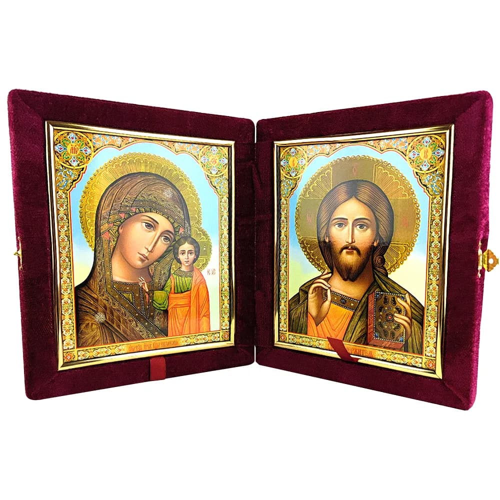 Складень «Спаситель - Казанская», красный бархат, полиграфия, 18×21 см