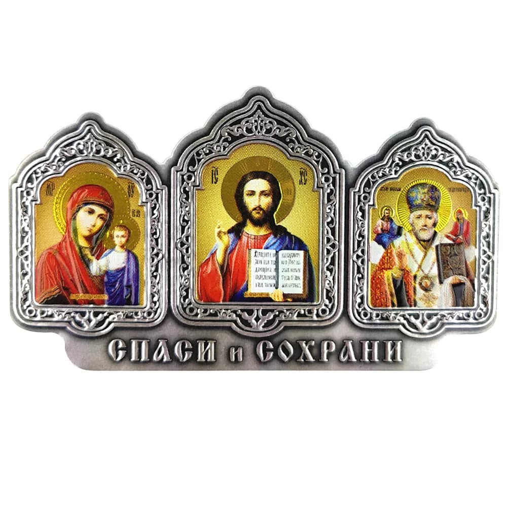 Автомобильный тройник «Вседержитель, Казанская, Николай Чудотворец» серебряный фон, металл, цветной