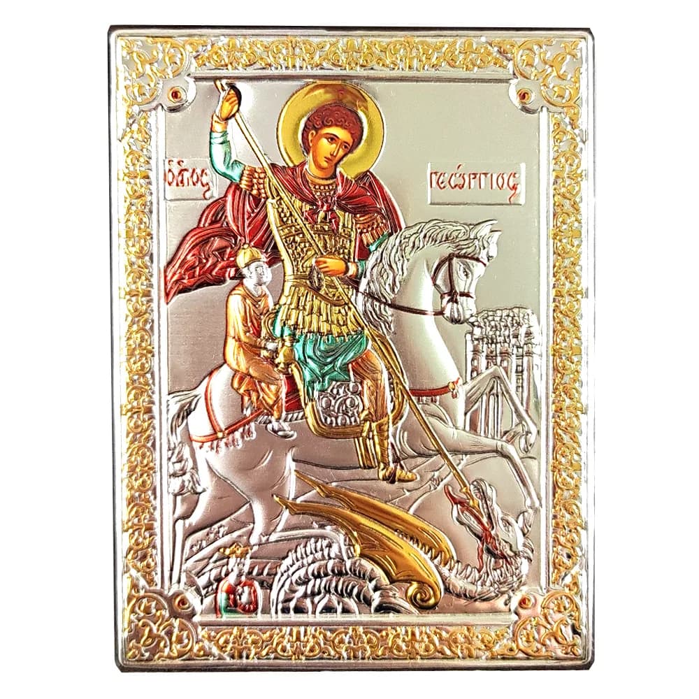 Икона «Георгий Победоносец на коне», риза металл, рамка мдф, напыление серебро, золото и эмаль, 8,4×