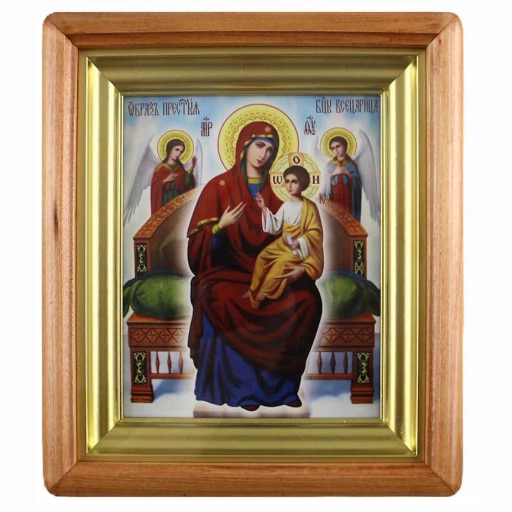 Икона «Всецарица» светлая деревянная рамка, киот, холст, 19,5×22,5 см