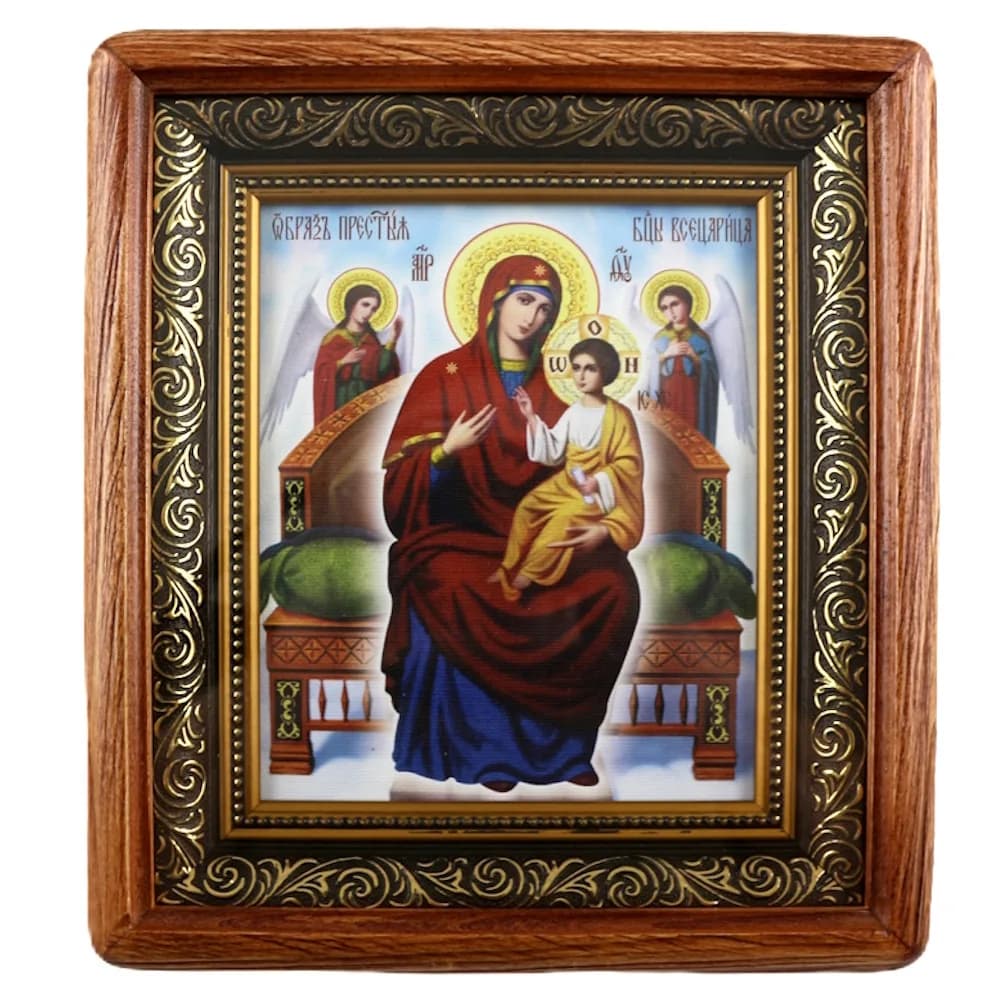 Икона «Всецарица», темная деревянная рамка, киот, холст, 20,5×23,5 см