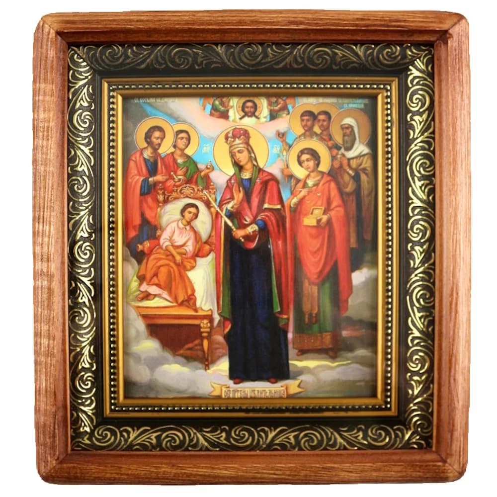 Икона «Целительница», темная деревянная рамка, киот, холст, 20,5×23,5 см