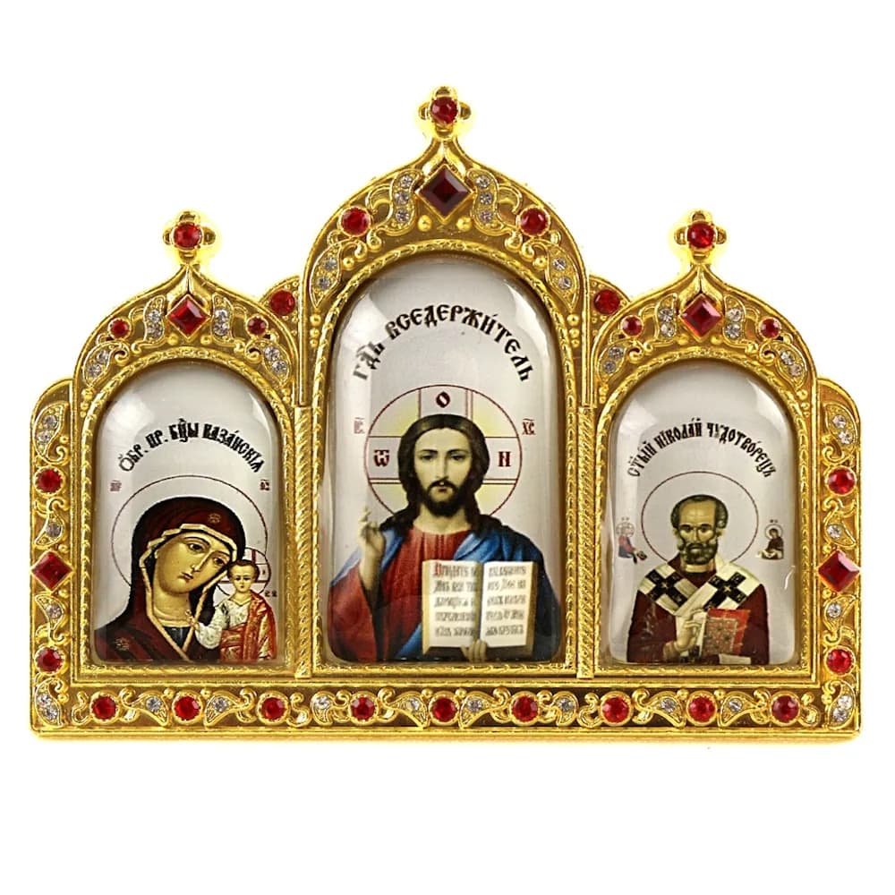Икона триптих «Казанская, Спаситель, Николай Чудотворец» с откидной подставкой, металл, стразы, 7,5
