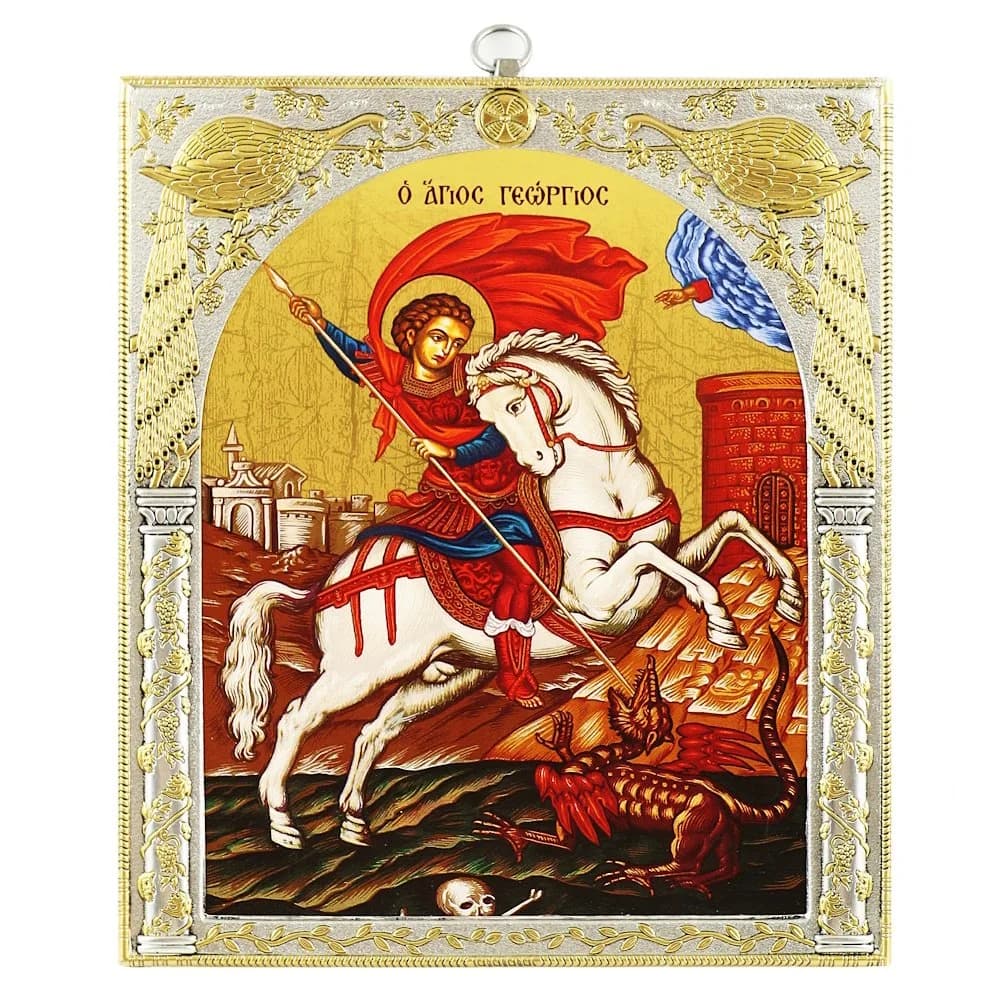 Икона «Георгий Победоносец», античная риза,металл, рамка мдф, напыление серебро&золото, 20,7×24,5 см