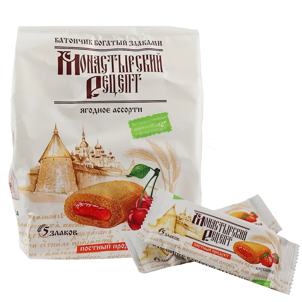 Постный батончик «Монастырский рецепт, ягодное ассорти», со злаками, 300 г, 18 шт