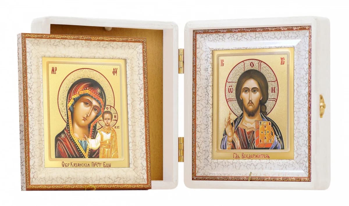Складень «Спаситель - Казанская» дерево, стразы, багет, полиграфия, 18×20 см