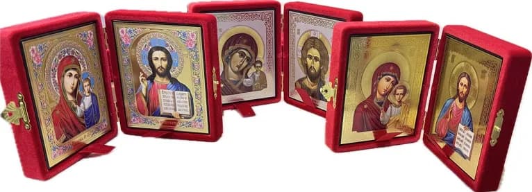 Складень «Спаситель - Казанская», красный бархат, рамка багет, полиграфия, 16×20 см