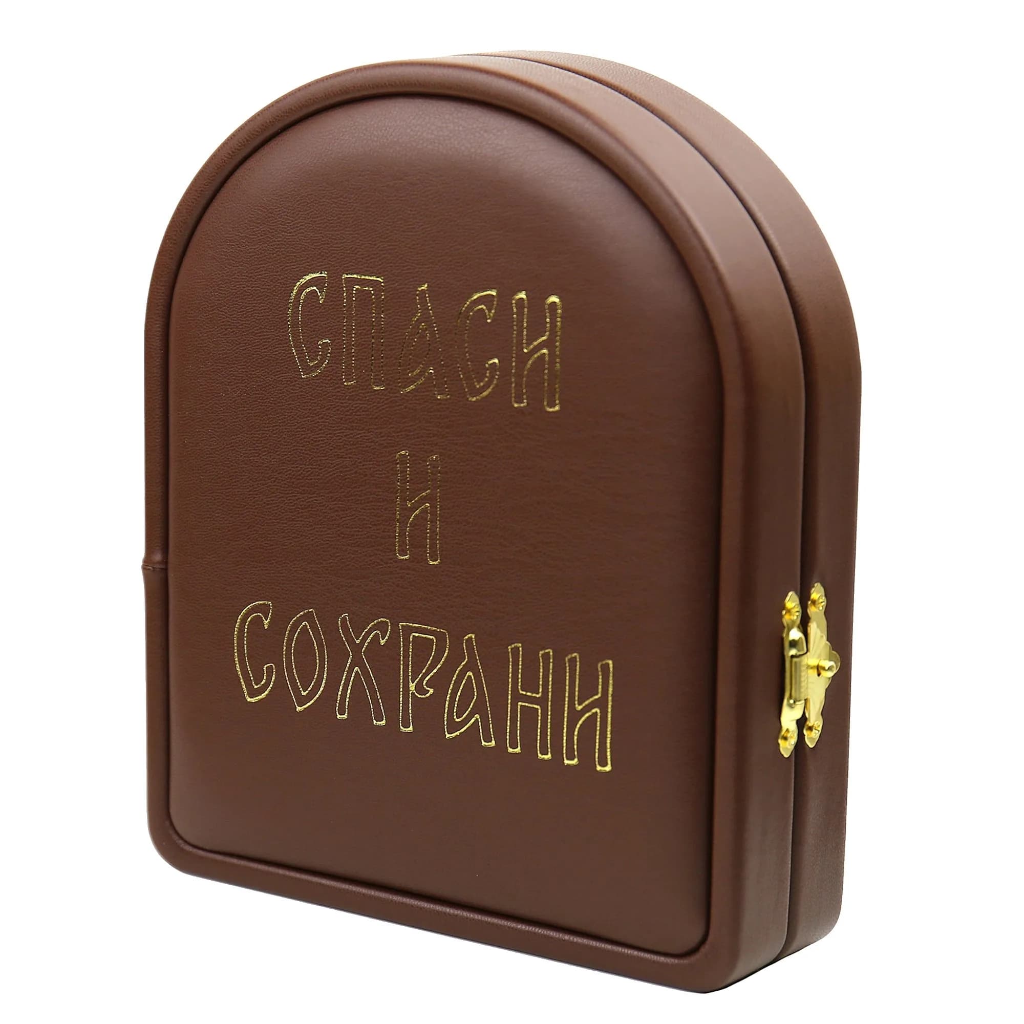 Складень «Спаситель - Казанская», арочный, коричневая экокожа, 12×14 см
