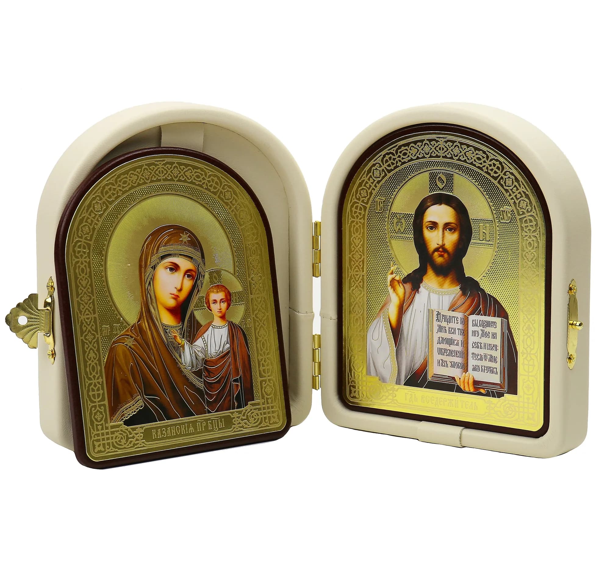 Складень «Спаситель - Казанская», арочный, белая экокожа, 12×14 см