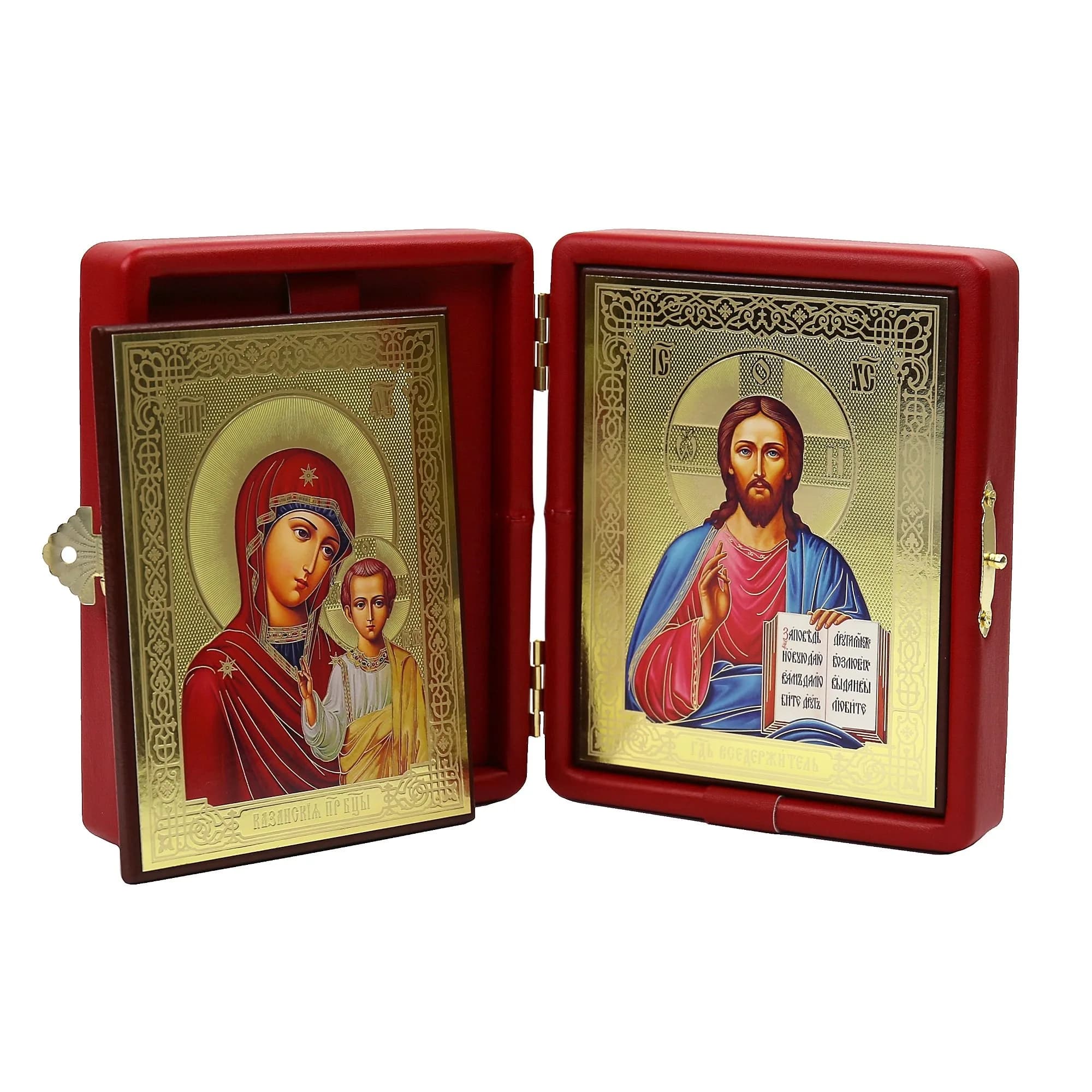 Складень «Спаситель - Казанская» красная экокожа, полиграфия, 12×14 см