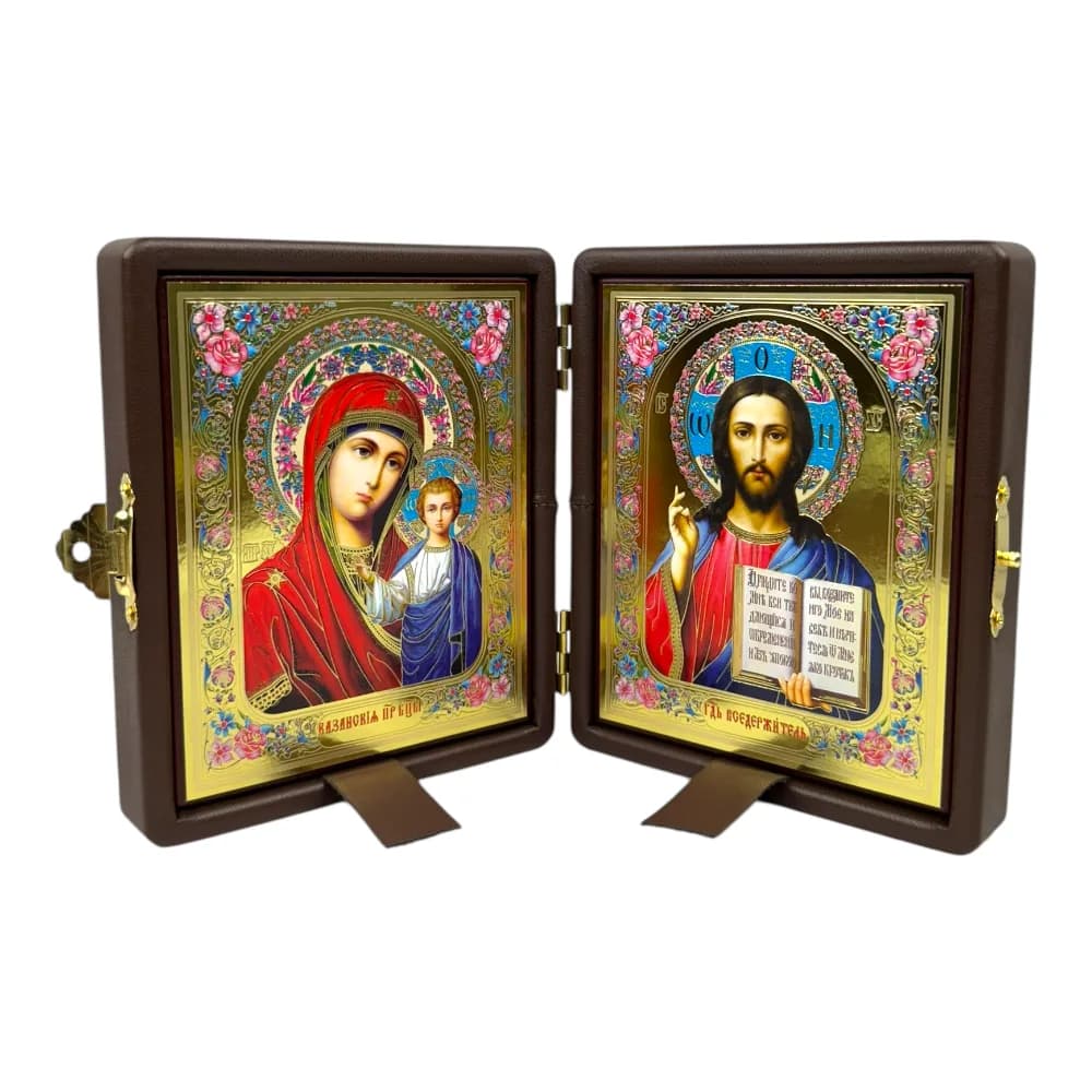 Складень «Спаситель - Казанская» коричневая экокожа, полиграфия, 16×20 см