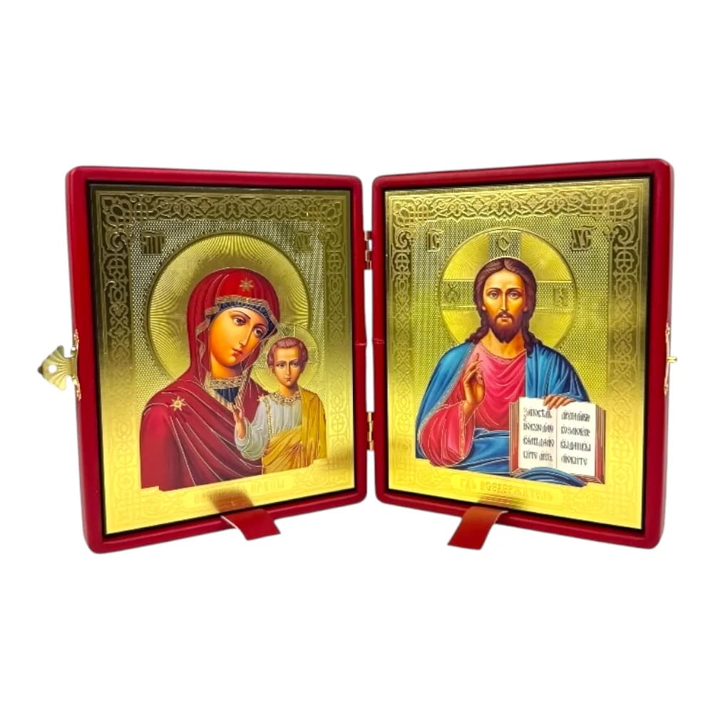 Складень «Спаситель - Казанская» красная экокожа, полиграфия, 16×20 см