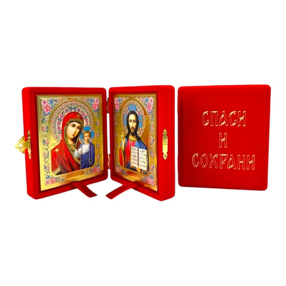 Складень «Спаситель - Казанская», флокированный красный, рамка багет, полиграфия, 12×14 см