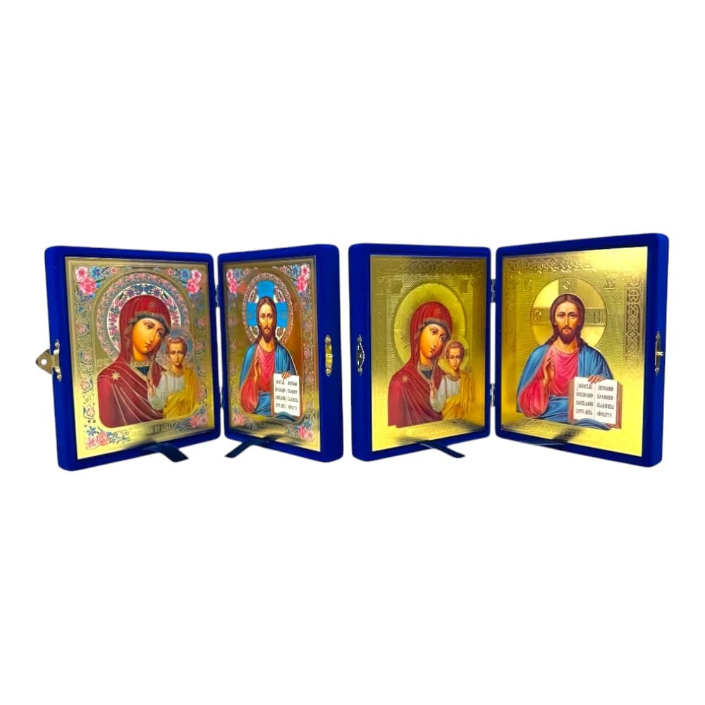 Складень «Спаситель - Казанская», синий бархат, рамка багет, полиграфия, 16×20 см