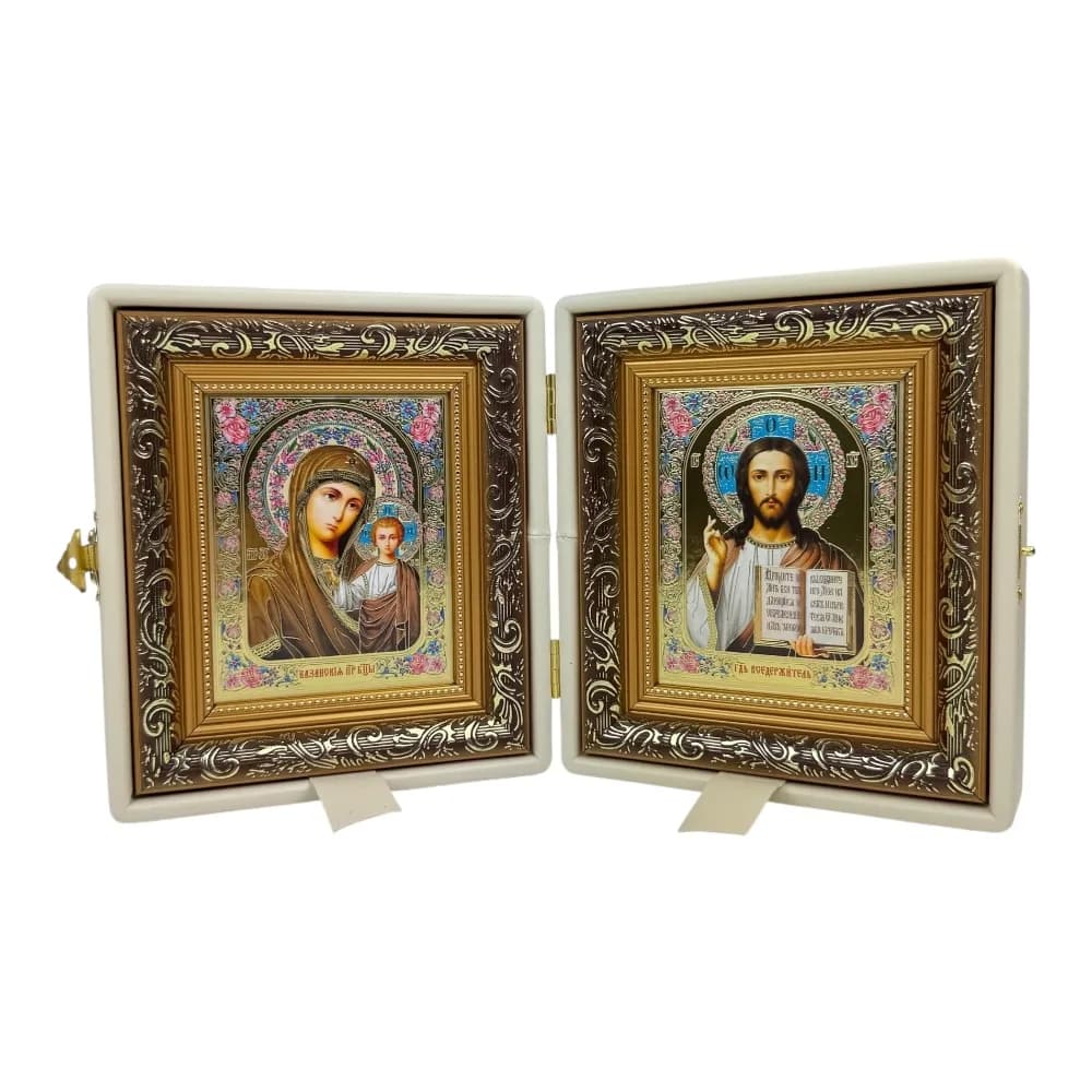 Складень «Спаситель - Казанская», белая экокожа, багетная рамка, 17×19,5 см