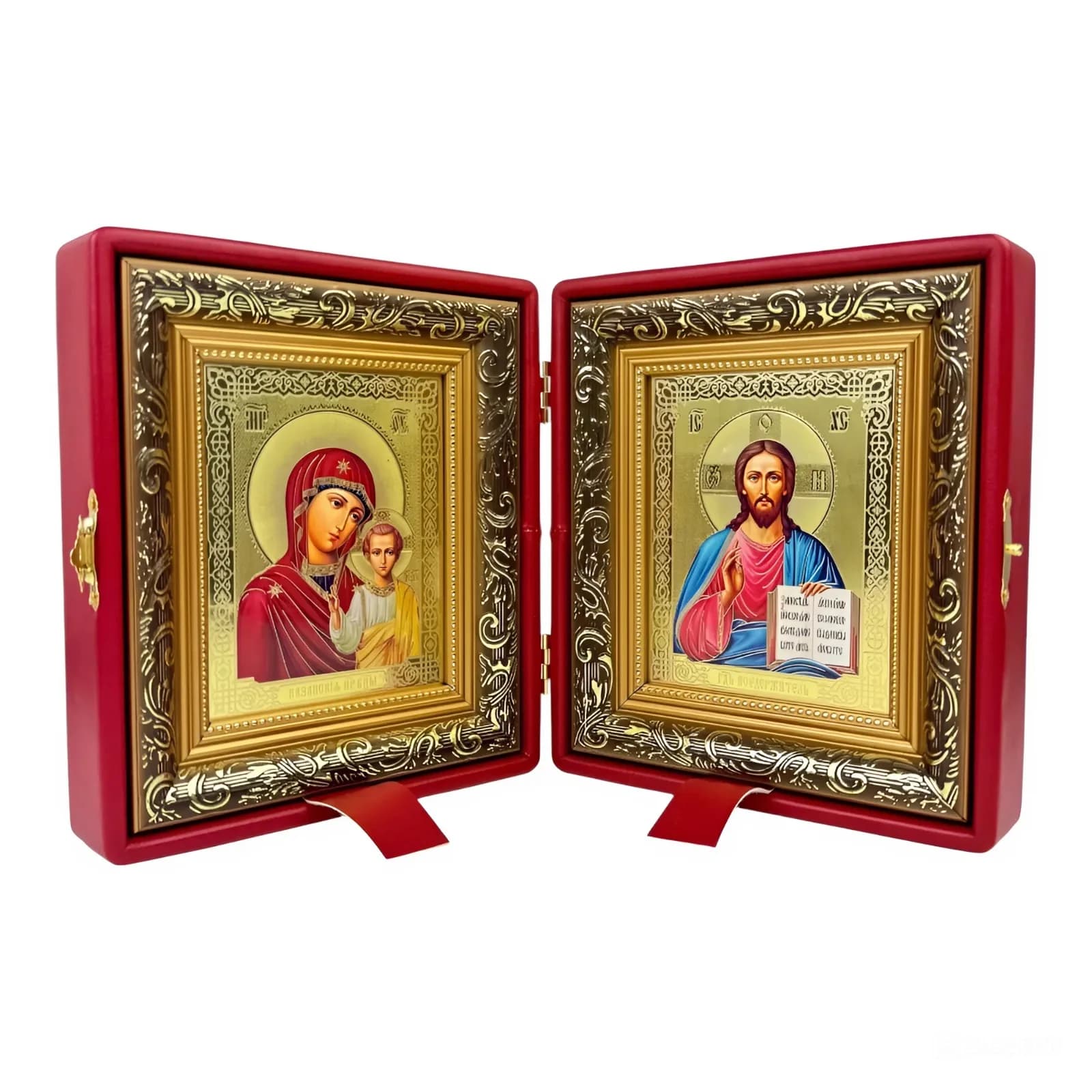 Складень «Спаситель - Казанская» красная экокожа, багетная рамка, 17×19,5 см