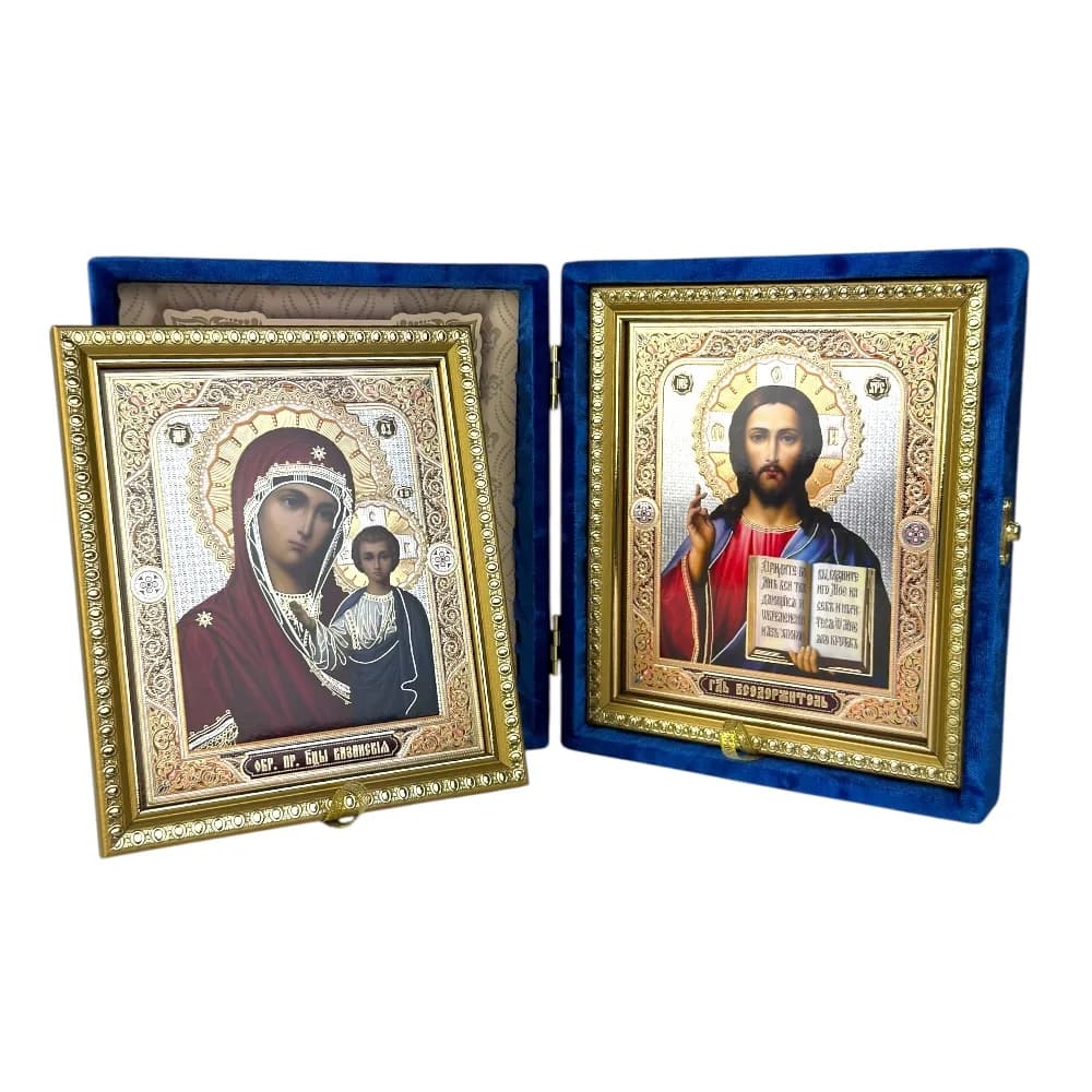 Складень «Спаситель - Казанская», синий бархат, рамка багет, полиграфия, 15×18 см