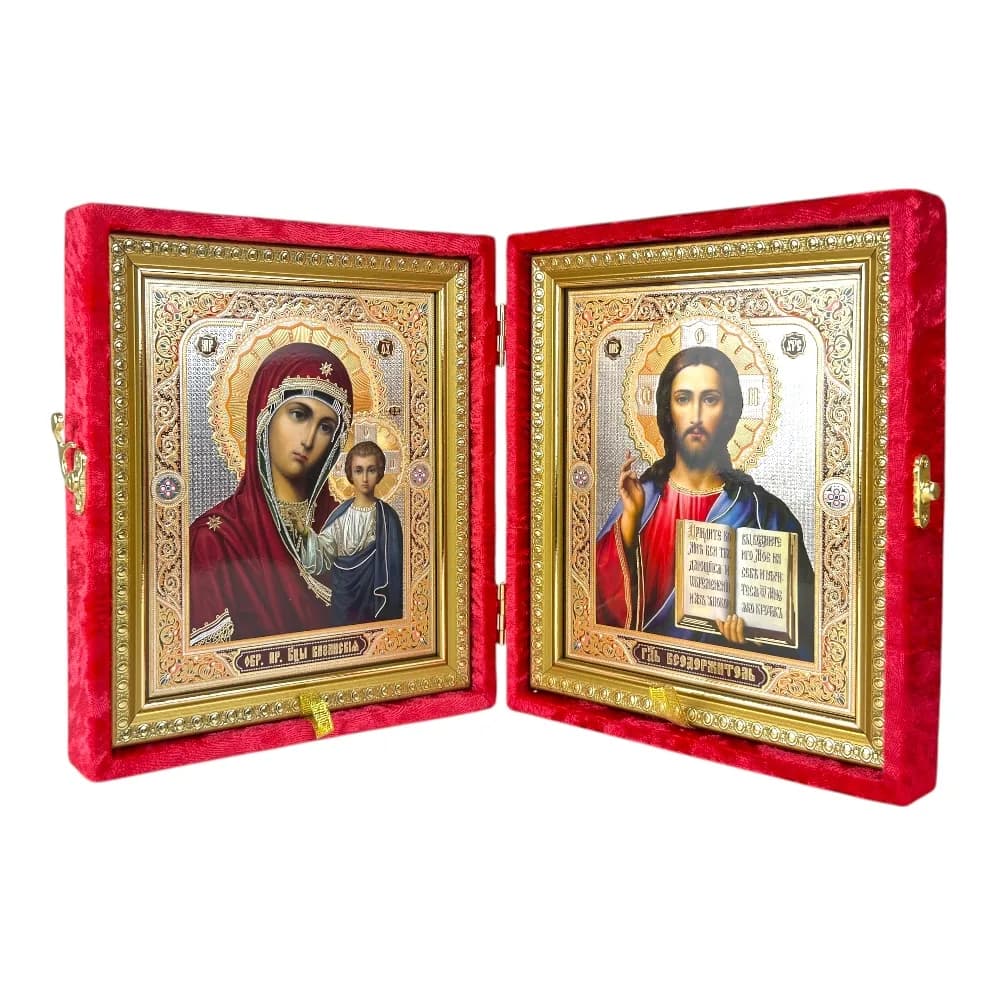 Складень «Спаситель - Казанская», красный бархат, рамка багет, полиграфия, 15×18 см