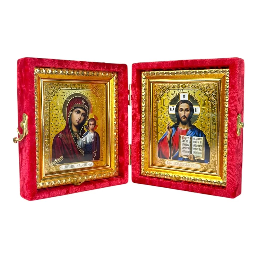 Складень «Спаситель - Казанская», красный, рамка багет, полиграфия, 10×12 см