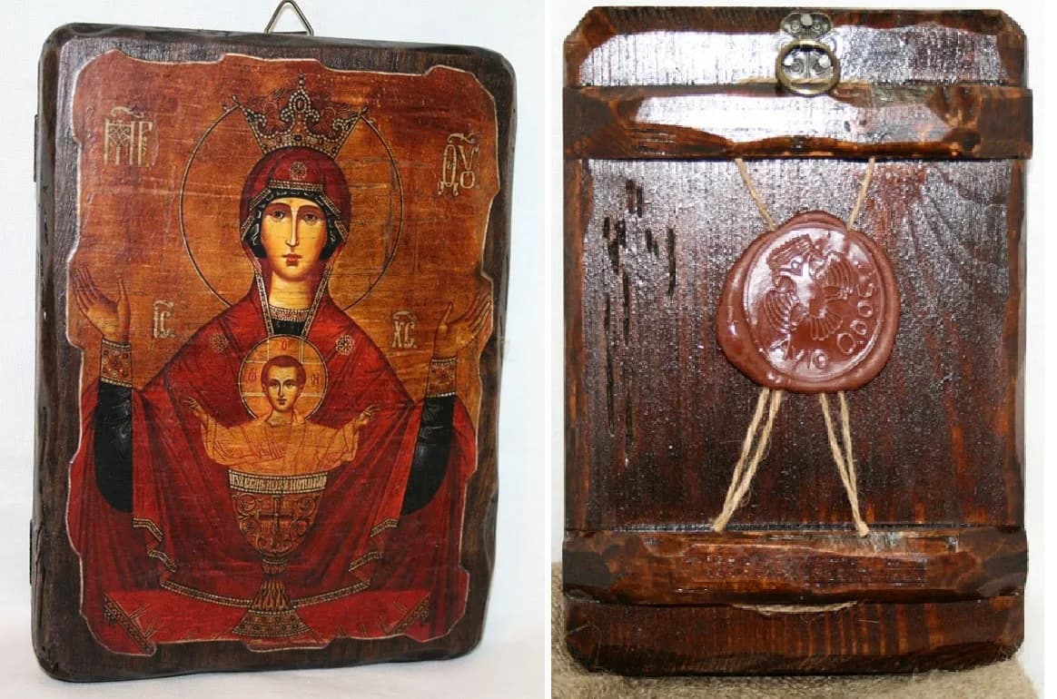 Икона «Неупиваемая Чаша», дерево под старину, печать краска, 12,5×16,5 см