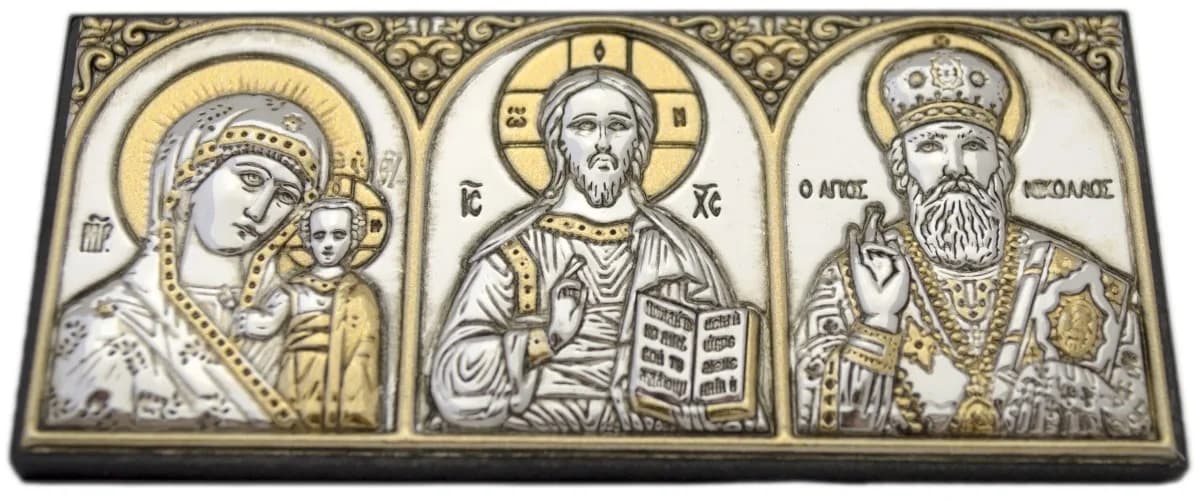 Автомобильный тройник, риза античная «Спаситель, Казанская, Николай Чудотворец», напыление золото и серебро, 4×10 см
